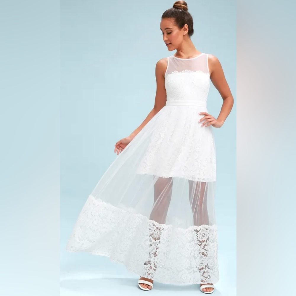 NWT Lulu’s Sleeveless Dorit Bright White Lace Illusion Maxi Dress